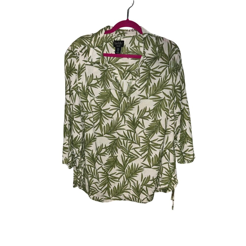 Nicole Miller New York Green White Palm Leaf Linen Collared Shirt Size 1X